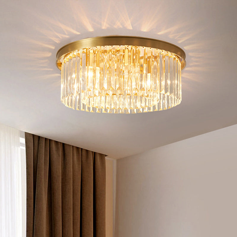 4/5 Bulbs Clear Crystal Prisms Light Fixture Gold Round Bedroom Flush Mount Lamp, 16"/19.5" Wide Clearhalo 'Ceiling Lights' 'Close To Ceiling Lights' 'Close to ceiling' 'Flush mount' Lighting' 1425494