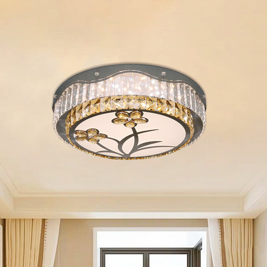 Drum Bedchamber Ceiling Lamp Modern Rectangular-Cut Crystals LED Chrome Flushmount Lighting with Flower Pattern Clear Clearhalo 'Ceiling Lights' 'Close To Ceiling Lights' 'Close to ceiling' 'Flush mount' Lighting' 1425506
