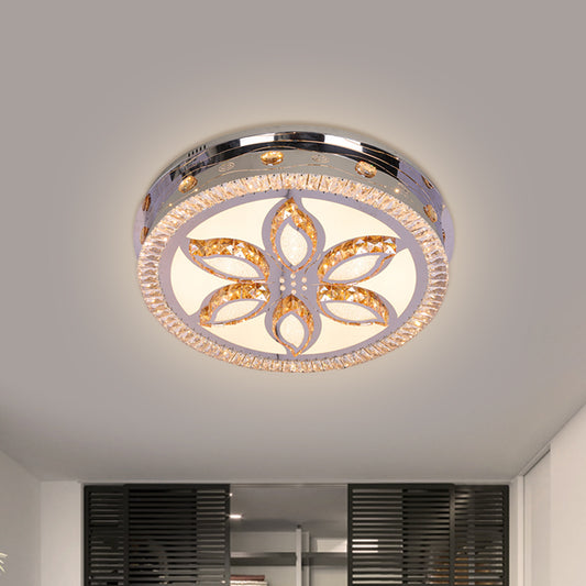 LED Round Flushmount Light Contemporary Stainless-Steel Finish Clear Crystal Blocks Ceiling Lamp with Flower Pattern Stainless-Steel Clearhalo 'Ceiling Lights' 'Close To Ceiling Lights' 'Close to ceiling' 'Flush mount' Lighting' 1425631