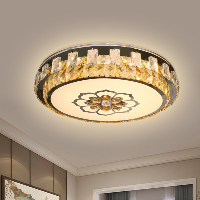 Drum Clear Cut Crystal Blocks Flushmount Modern Sleeping Room LED Ceiling Lamp in Stainless-Steel with Blossom Pattern Clearhalo 'Ceiling Lights' 'Close To Ceiling Lights' 'Close to ceiling' Lighting' 1425705