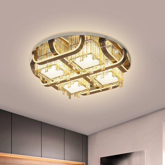 LED Circle Flush Lighting Modern Stainless-Steel Rectangular-Cut Crystals Ceiling Lamp with Cubic Shade Stainless-Steel Clearhalo 'Ceiling Lights' 'Close To Ceiling Lights' 'Close to ceiling' 'Flush mount' Lighting' 1425720