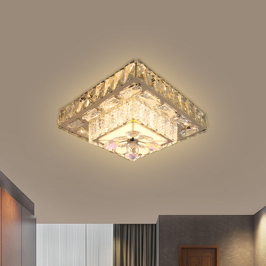 Clear Beveled Crystal Blocks Square Flushmount Contemporary LED Corridor Ceiling Lamp in Stainless-Steel Stainless-Steel Clearhalo 'Ceiling Lights' 'Close To Ceiling Lights' 'Close to ceiling' 'Flush mount' Lighting' 1425739