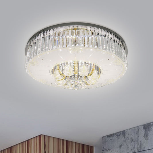 Nickel LED Flush Mount Lamp Modern Clear Crystal Prisms Drum Ceiling Lighting with Draping Nickel Clearhalo 'Ceiling Lights' 'Close To Ceiling Lights' 'Close to ceiling' 'Flush mount' Lighting' 1425751