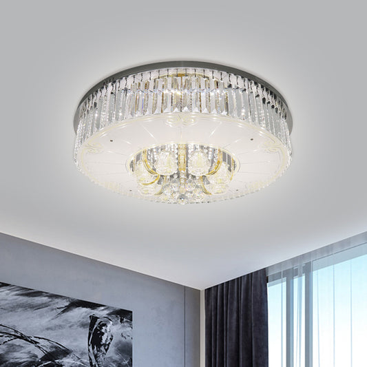 Nickel LED Flush Mount Lamp Modern Clear Crystal Prisms Drum Ceiling Lighting with Draping Clearhalo 'Ceiling Lights' 'Close To Ceiling Lights' 'Close to ceiling' 'Flush mount' Lighting' 1425752