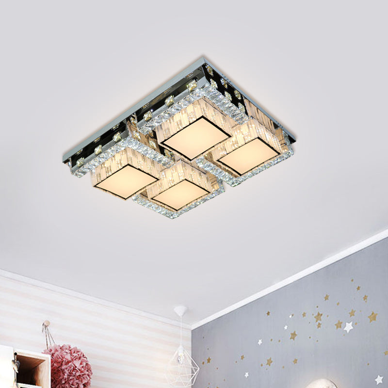 LED Ceiling Light Modern Rectangle/Square Crystal Blocks Flushmount in Stainless-Steel with White Cubic Shade, 31"/46.5" Wide Stainless-Steel 31" Clearhalo 'Ceiling Lights' 'Close To Ceiling Lights' 'Close to ceiling' 'Flush mount' Lighting' 1425803