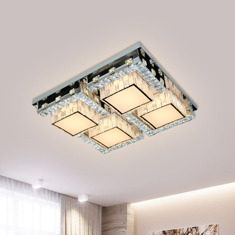 LED Ceiling Light Modern Rectangle/Square Crystal Blocks Flushmount in Stainless-Steel with White Cubic Shade, 31"/46.5" Wide Clearhalo 'Ceiling Lights' 'Close To Ceiling Lights' 'Close to ceiling' 'Flush mount' Lighting' 1425804