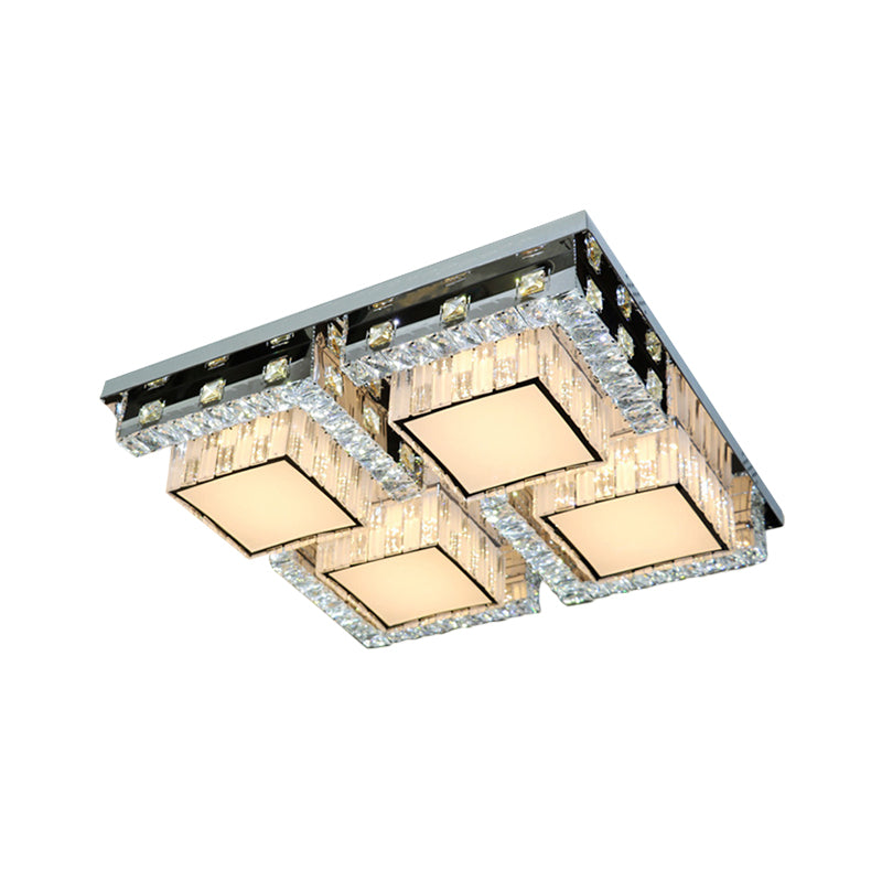 LED Ceiling Light Modern Rectangle/Square Crystal Blocks Flushmount in Stainless-Steel with White Cubic Shade, 31"/46.5" Wide Clearhalo 'Ceiling Lights' 'Close To Ceiling Lights' 'Close to ceiling' 'Flush mount' Lighting' 1425805