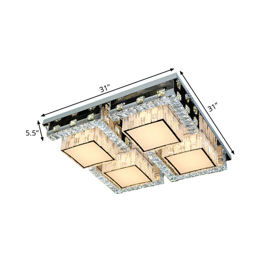 LED Ceiling Light Modern Rectangle/Square Crystal Blocks Flushmount in Stainless-Steel with White Cubic Shade, 31"/46.5" Wide Clearhalo 'Ceiling Lights' 'Close To Ceiling Lights' 'Close to ceiling' 'Flush mount' Lighting' 1425806