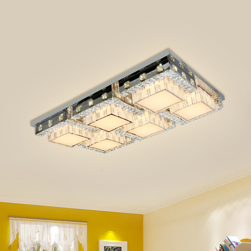 LED Ceiling Light Modern Rectangle/Square Crystal Blocks Flushmount in Stainless-Steel with White Cubic Shade, 31"/46.5" Wide Stainless-Steel 46.5" Clearhalo 'Ceiling Lights' 'Close To Ceiling Lights' 'Close to ceiling' 'Flush mount' Lighting' 1425807