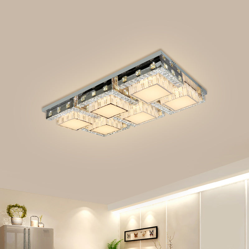 LED Ceiling Light Modern Rectangle/Square Crystal Blocks Flushmount in Stainless-Steel with White Cubic Shade, 31"/46.5" Wide Clearhalo 'Ceiling Lights' 'Close To Ceiling Lights' 'Close to ceiling' 'Flush mount' Lighting' 1425808