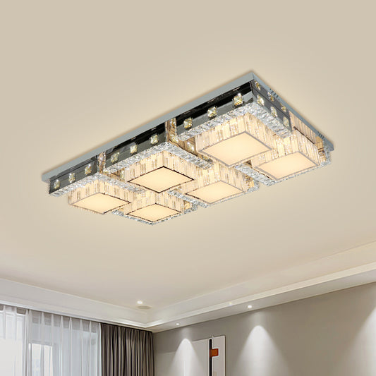 LED Ceiling Light Modern Rectangle/Square Crystal Blocks Flushmount in Stainless-Steel with White Cubic Shade, 31"/46.5" Wide Clearhalo 'Ceiling Lights' 'Close To Ceiling Lights' 'Close to ceiling' 'Flush mount' Lighting' 1425809