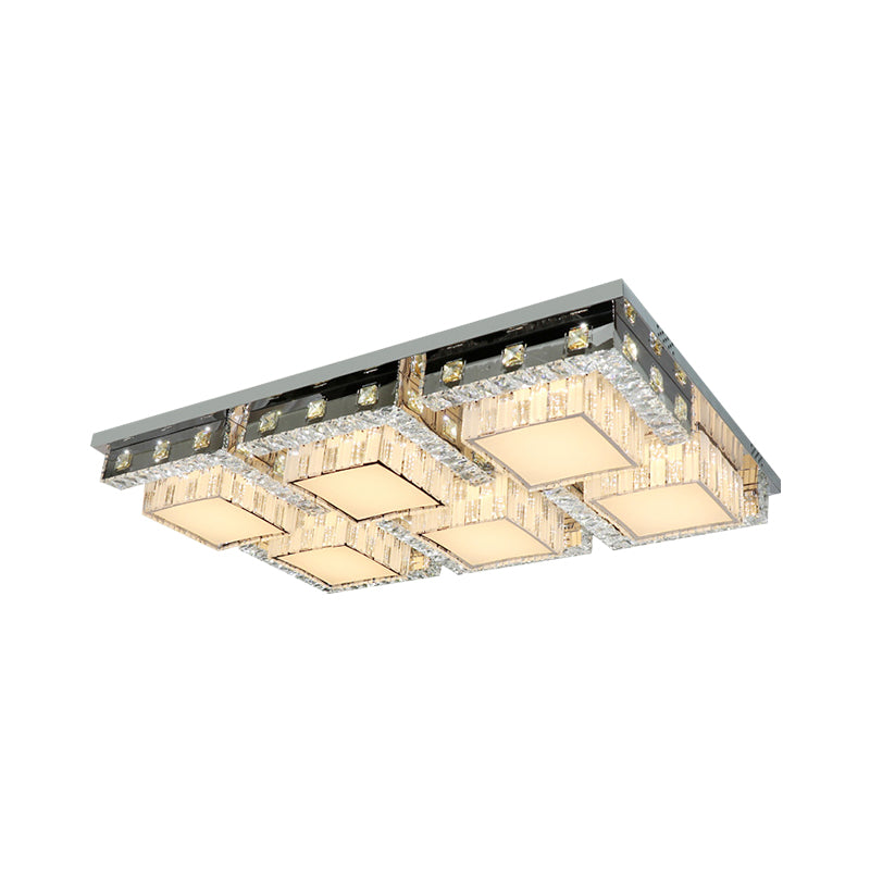 LED Ceiling Light Modern Rectangle/Square Crystal Blocks Flushmount in Stainless-Steel with White Cubic Shade, 31"/46.5" Wide Clearhalo 'Ceiling Lights' 'Close To Ceiling Lights' 'Close to ceiling' 'Flush mount' Lighting' 1425810