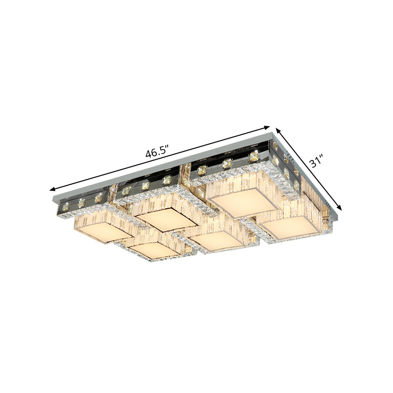 LED Ceiling Light Modern Rectangle/Square Crystal Blocks Flushmount in Stainless-Steel with White Cubic Shade, 31"/46.5" Wide Clearhalo 'Ceiling Lights' 'Close To Ceiling Lights' 'Close to ceiling' 'Flush mount' Lighting' 1425811