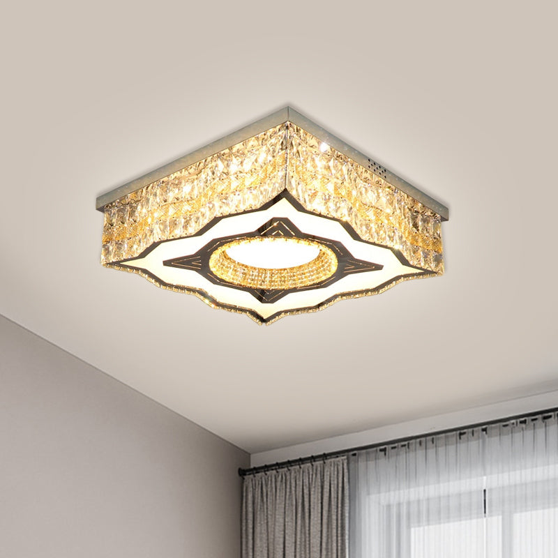 Curvy-Side Square Parlor Flush Mount Lamp Contemporary Clear Crystal Blocks Stainless-Steel LED Ceiling Lighting Stainless-Steel Clearhalo 'Ceiling Lights' 'Close To Ceiling Lights' 'Close to ceiling' Lighting' 1425845