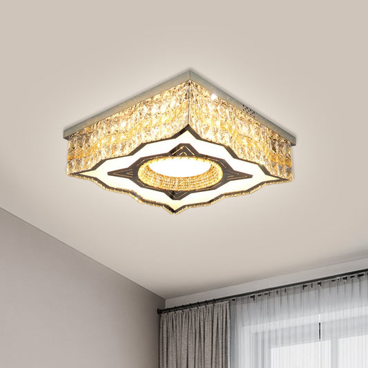 Curvy-Side Square Parlor Flush Mount Lamp Contemporary Clear Crystal Blocks Stainless-Steel LED Ceiling Lighting Stainless-Steel Clearhalo 'Ceiling Lights' 'Close To Ceiling Lights' 'Close to ceiling' Lighting' 1425845