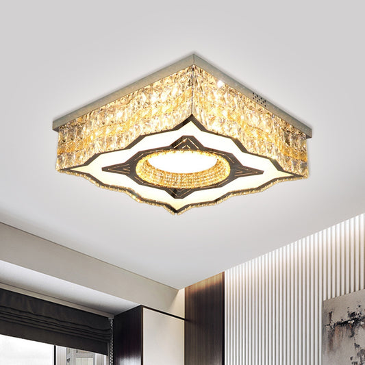 Curvy-Side Square Parlor Flush Mount Lamp Contemporary Clear Crystal Blocks Stainless-Steel LED Ceiling Lighting Clearhalo 'Ceiling Lights' 'Close To Ceiling Lights' 'Close to ceiling' Lighting' 1425846