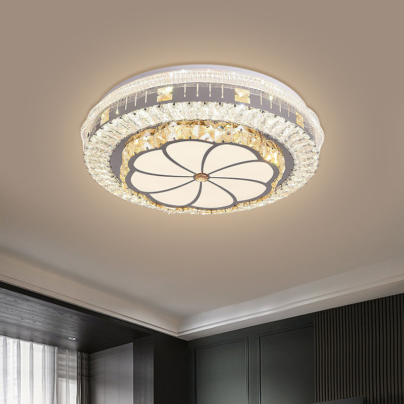 LED Round Flush Mount Contemporary Stainless-Steel Clear Cut Crystal Blocks Ceiling Lamp with Flower Pattern Stainless-Steel A Clearhalo 'Ceiling Lights' 'Close To Ceiling Lights' 'Close to ceiling' 'Flush mount' Lighting' 1425896