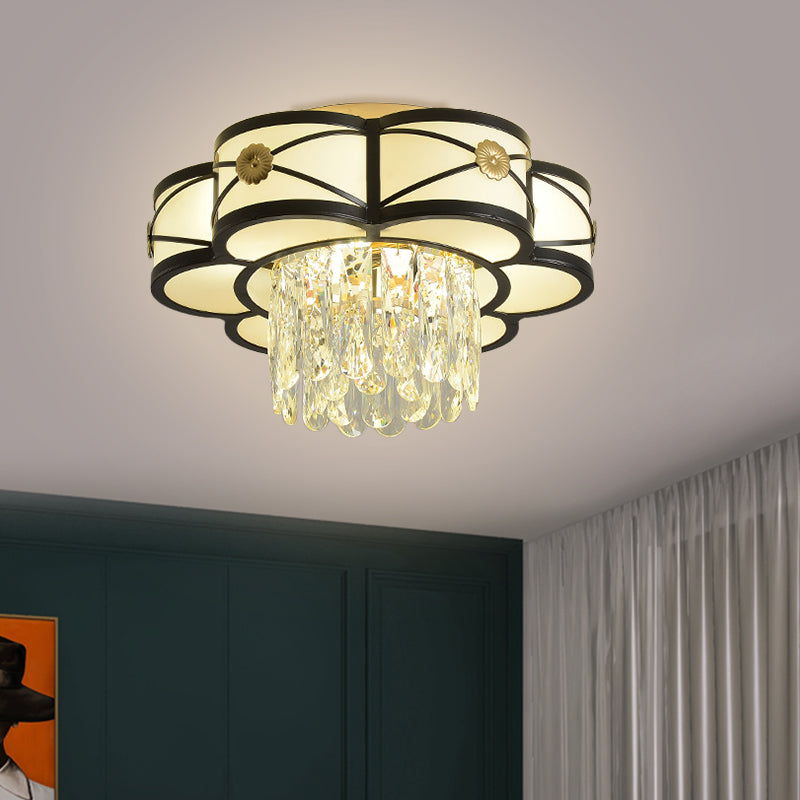 Floral Clear Crystal Draping Ceiling Lamp Contemporary 4/10 Bulbs Parlor Flushmount Light in Black, 16"/28.5" Wide Black 16" Clearhalo 'Ceiling Lights' 'Close To Ceiling Lights' 'Close to ceiling' 'Flush mount' Lighting' 1425992