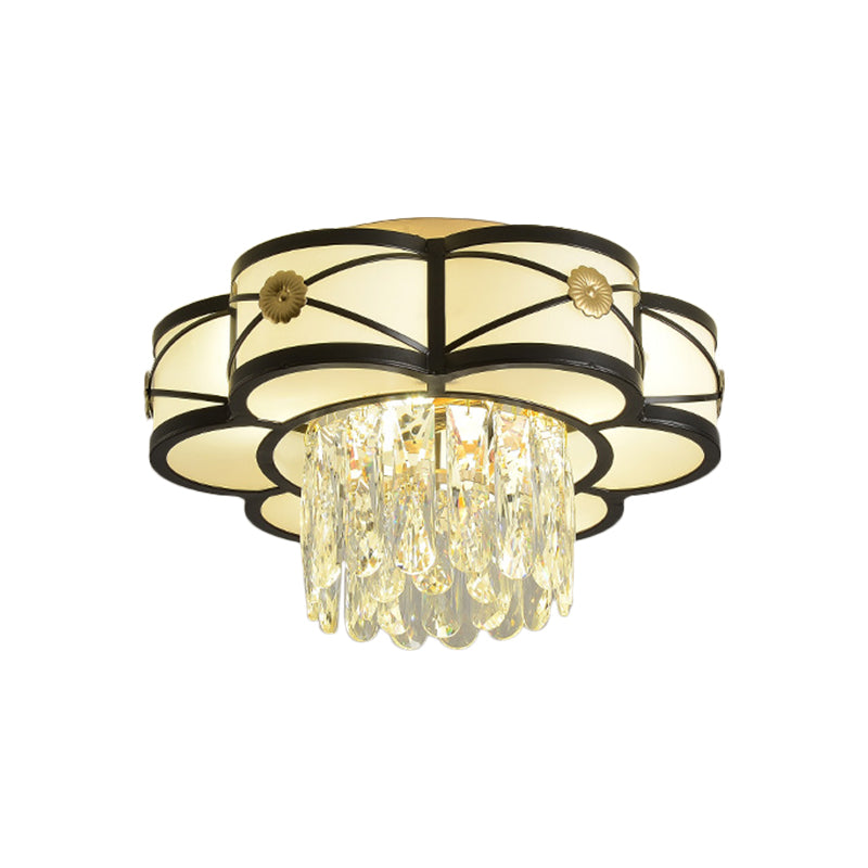 Floral Clear Crystal Draping Ceiling Lamp Contemporary 4/10 Bulbs Parlor Flushmount Light in Black, 16"/28.5" Wide Clearhalo 'Ceiling Lights' 'Close To Ceiling Lights' 'Close to ceiling' 'Flush mount' Lighting' 1425994