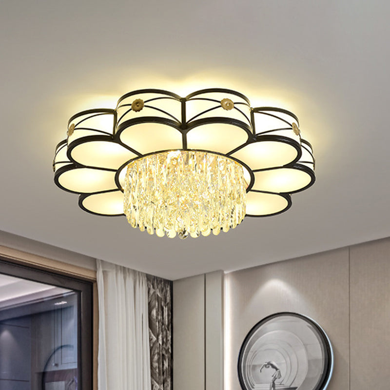 Floral Clear Crystal Draping Ceiling Lamp Contemporary 4/10 Bulbs Parlor Flushmount Light in Black, 16"/28.5" Wide Clearhalo 'Ceiling Lights' 'Close To Ceiling Lights' 'Close to ceiling' 'Flush mount' Lighting' 1425997