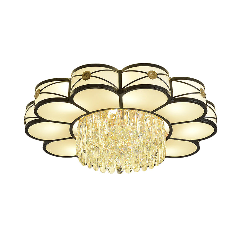 Floral Clear Crystal Draping Ceiling Lamp Contemporary 4/10 Bulbs Parlor Flushmount Light in Black, 16"/28.5" Wide Clearhalo 'Ceiling Lights' 'Close To Ceiling Lights' 'Close to ceiling' 'Flush mount' Lighting' 1425998