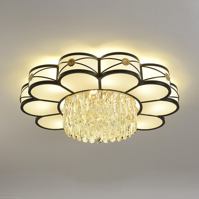 Floral Clear Crystal Draping Ceiling Lamp Contemporary 4/10 Bulbs Parlor Flushmount Light in Black, 16"/28.5" Wide Clearhalo 'Ceiling Lights' 'Close To Ceiling Lights' 'Close to ceiling' 'Flush mount' Lighting' 1425999