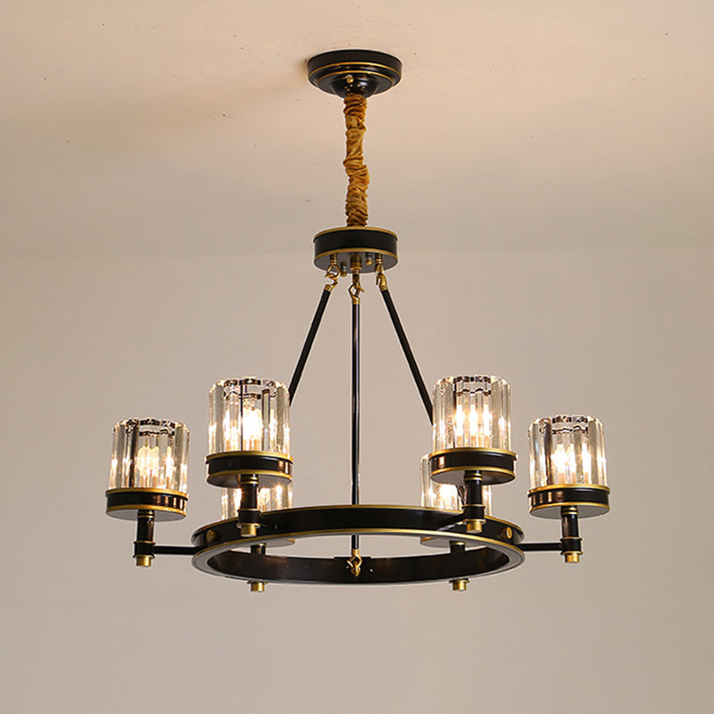 Black Ring Pendant Lighting Modern Clear Crystal 6/8 Heads Great Room Chandelier Lamp with Cylinder Shade Clearhalo 'Ceiling Lights' 'Chandeliers' 'Modern Chandeliers' 'Modern' Lighting' 1426038