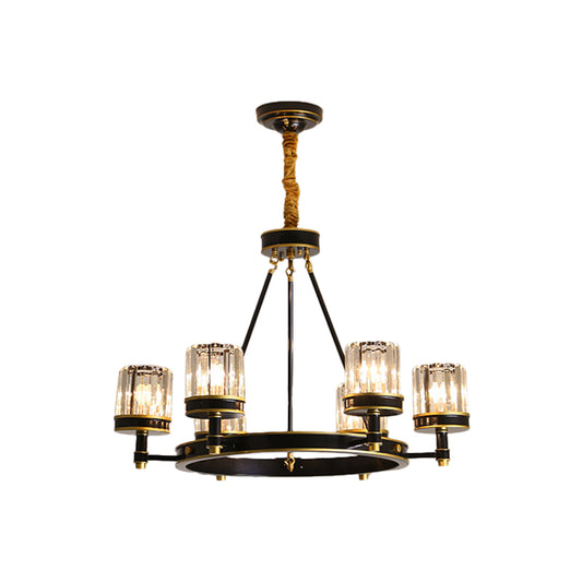 Black Ring Pendant Lighting Modern Clear Crystal 6/8 Heads Great Room Chandelier Lamp with Cylinder Shade Clearhalo 'Ceiling Lights' 'Chandeliers' 'Modern Chandeliers' 'Modern' Lighting' 1426039