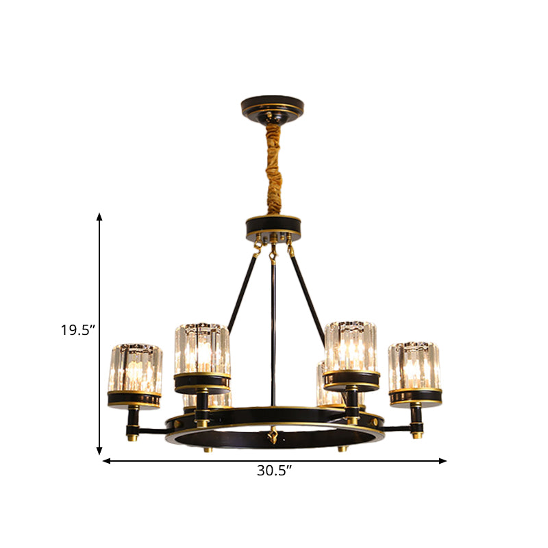 Black Ring Pendant Lighting Modern Clear Crystal 6/8 Heads Great Room Chandelier Lamp with Cylinder Shade Clearhalo 'Ceiling Lights' 'Chandeliers' 'Modern Chandeliers' 'Modern' Lighting' 1426040