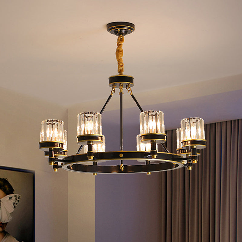 Black Ring Pendant Lighting Modern Clear Crystal 6/8 Heads Great Room Chandelier Lamp with Cylinder Shade Clearhalo 'Ceiling Lights' 'Chandeliers' 'Modern Chandeliers' 'Modern' Lighting' 1426042