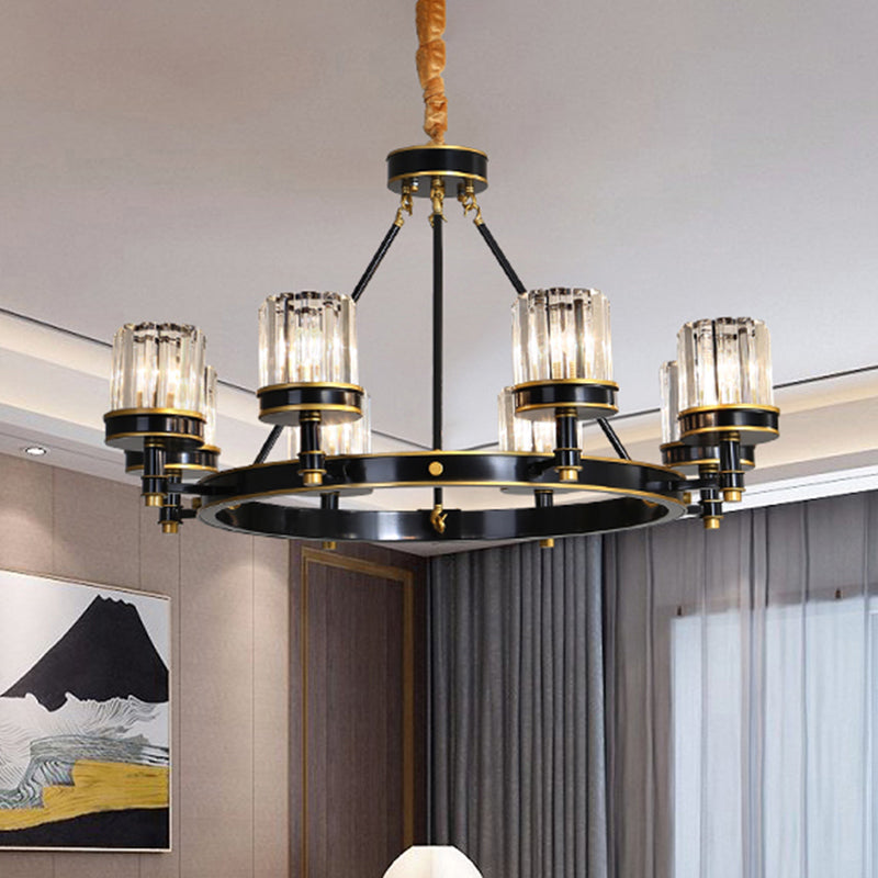 Black Ring Pendant Lighting Modern Clear Crystal 6/8 Heads Great Room Chandelier Lamp with Cylinder Shade Clearhalo 'Ceiling Lights' 'Chandeliers' 'Modern Chandeliers' 'Modern' Lighting' 1426043