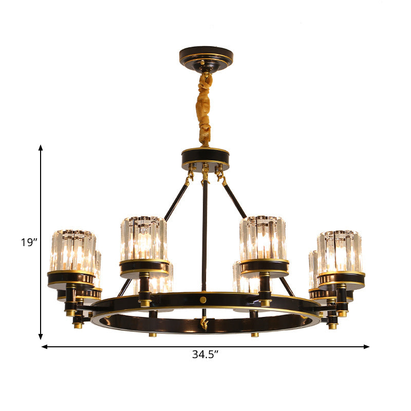 Black Ring Pendant Lighting Modern Clear Crystal 6/8 Heads Great Room Chandelier Lamp with Cylinder Shade Clearhalo 'Ceiling Lights' 'Chandeliers' 'Modern Chandeliers' 'Modern' Lighting' 1426045