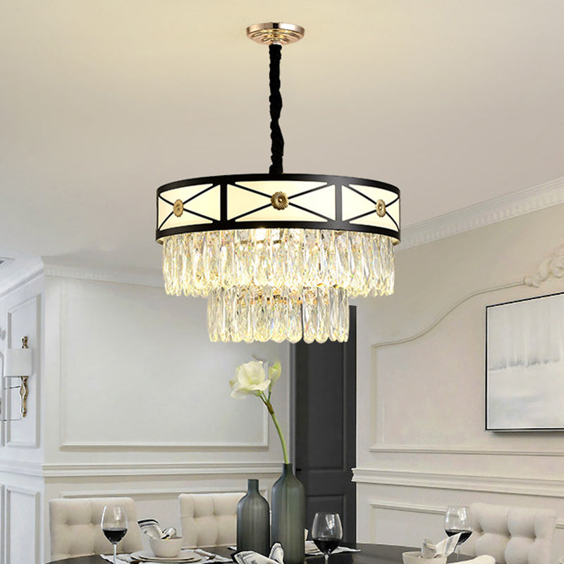 Black Finish 9 Heads Chandelier Lamp Contemporary Clear Crystal 3-Layer Round Suspension Light Black Clearhalo 'Ceiling Lights' 'Chandeliers' 'Modern Chandeliers' 'Modern' Lighting' 1426077