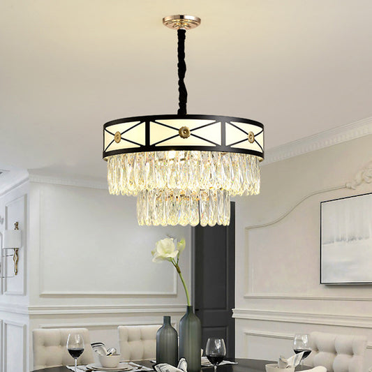 Black Finish 9 Heads Chandelier Lamp Contemporary Clear Crystal 3-Layer Round Suspension Light Black Clearhalo 'Ceiling Lights' 'Chandeliers' 'Modern Chandeliers' 'Modern' Lighting' 1426077