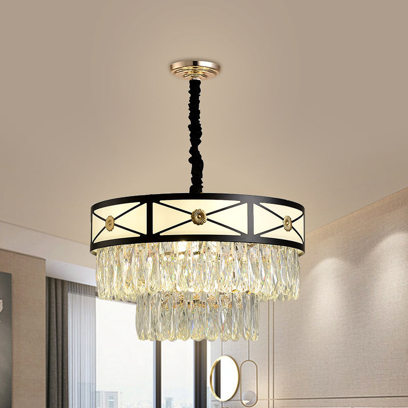 Black Finish 9 Heads Chandelier Lamp Contemporary Clear Crystal 3-Layer Round Suspension Light Clearhalo 'Ceiling Lights' 'Chandeliers' 'Modern Chandeliers' 'Modern' Lighting' 1426078