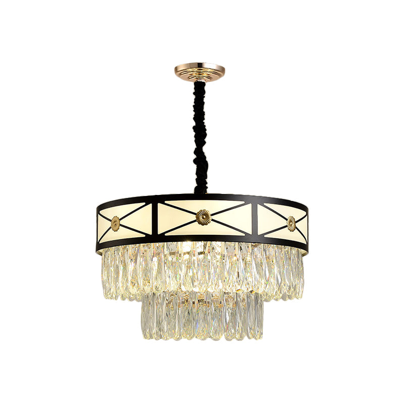 Black Finish 9 Heads Chandelier Lamp Contemporary Clear Crystal 3-Layer Round Suspension Light Clearhalo 'Ceiling Lights' 'Chandeliers' 'Modern Chandeliers' 'Modern' Lighting' 1426079