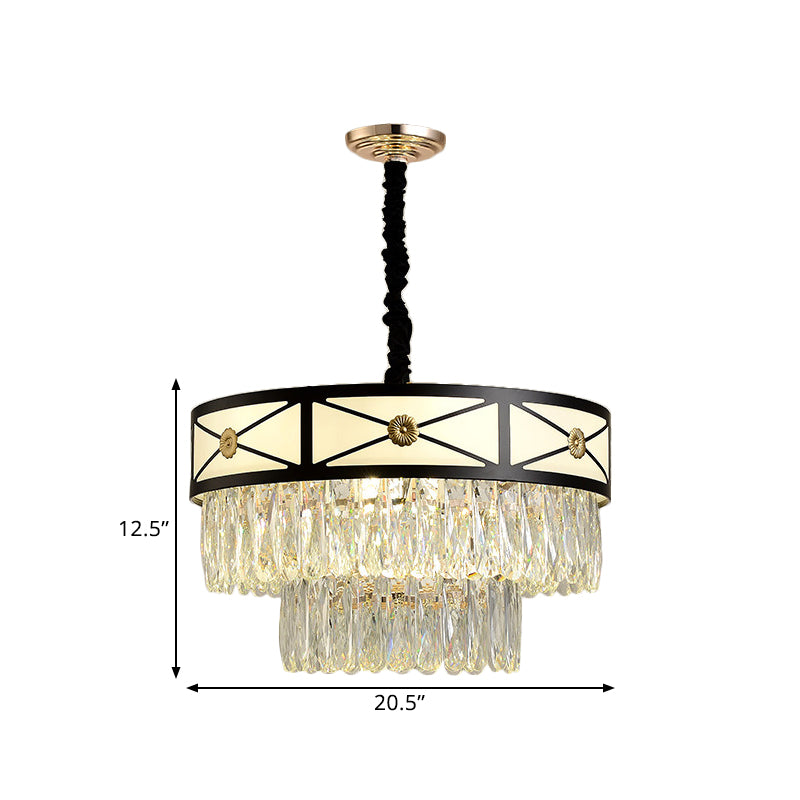 Black Finish 9 Heads Chandelier Lamp Contemporary Clear Crystal 3-Layer Round Suspension Light Clearhalo 'Ceiling Lights' 'Chandeliers' 'Modern Chandeliers' 'Modern' Lighting' 1426080