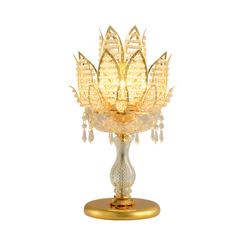 1 Bulb Table Light Mid-Century Lotus Clear Crystal Bedroom Nightstand Lamp with Gold Base Clearhalo 'Lamps' 'Table Lamps' Lighting' 1426118