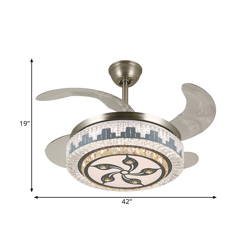 Stainless-Steel LED Hanging Fan Lamp Modern Clear Crystal Blocks Round Semi Flush Light with 4 Blades, 19" Width Clearhalo 'Ceiling Fans with Lights' 'Ceiling Fans' 'Modern Ceiling Fans' 'Modern' Lighting' 1426149
