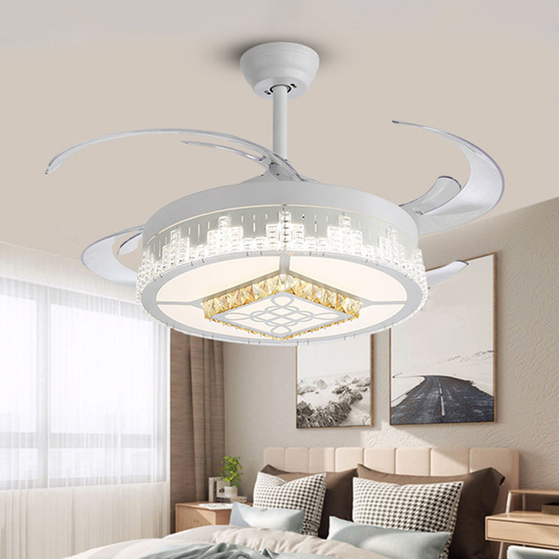 Crystal Blocks White Semi Mount Light Round Modern 4 Blades LED Ceiling Fan Lamp with Flower/Snowflake/Chinese Knot Pattern, 19" Wide White A Clearhalo 'Ceiling Fans with Lights' 'Ceiling Fans' 'Modern Ceiling Fans' 'Modern' Lighting' 1426179