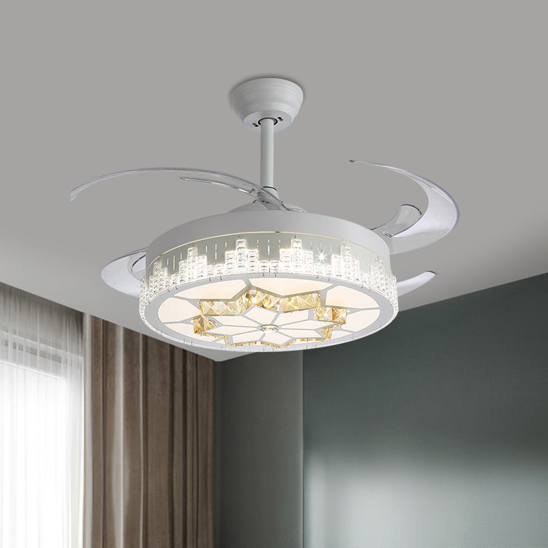 Crystal Blocks White Semi Mount Light Round Modern 4 Blades LED Ceiling Fan Lamp with Flower/Snowflake/Chinese Knot Pattern, 19" Wide Clearhalo 'Ceiling Fans with Lights' 'Ceiling Fans' 'Modern Ceiling Fans' 'Modern' Lighting' 1426185