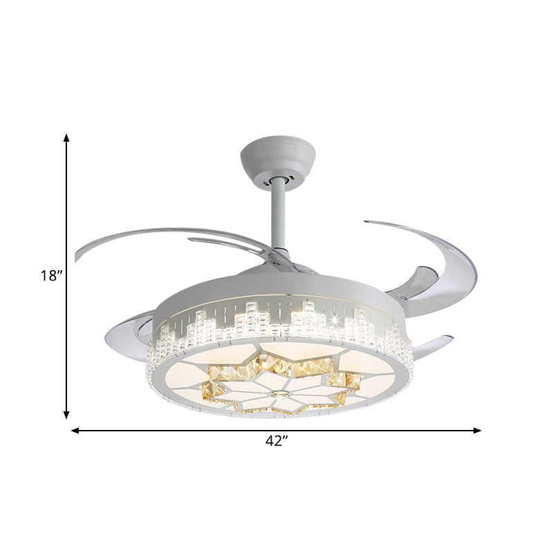 Crystal Blocks White Semi Mount Light Round Modern 4 Blades LED Ceiling Fan Lamp with Flower/Snowflake/Chinese Knot Pattern, 19" Wide Clearhalo 'Ceiling Fans with Lights' 'Ceiling Fans' 'Modern Ceiling Fans' 'Modern' Lighting' 1426187