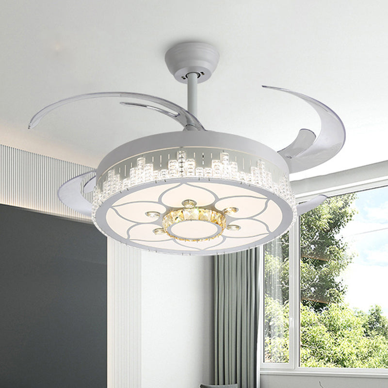 Crystal Blocks White Semi Mount Light Round Modern 4 Blades LED Ceiling Fan Lamp with Flower/Snowflake/Chinese Knot Pattern, 19" Wide White C Clearhalo 'Ceiling Fans with Lights' 'Ceiling Fans' 'Modern Ceiling Fans' 'Modern' Lighting' 1426188