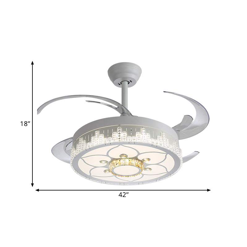 Crystal Blocks White Semi Mount Light Round Modern 4 Blades LED Ceiling Fan Lamp with Flower/Snowflake/Chinese Knot Pattern, 19" Wide Clearhalo 'Ceiling Fans with Lights' 'Ceiling Fans' 'Modern Ceiling Fans' 'Modern' Lighting' 1426192