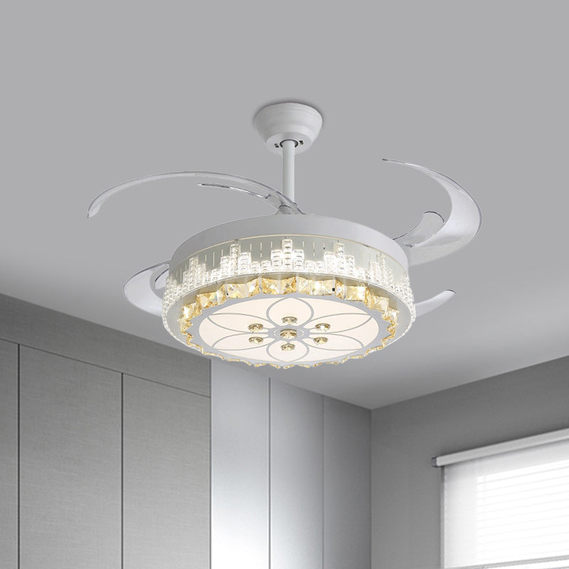 4 Blades LED Pendant Fan Lamp Contemporary Circular Clear Crystal Blocks Semi Flush Mount, 19" Width White A Clearhalo 'Ceiling Fans with Lights' 'Ceiling Fans' 'Modern Ceiling Fans' 'Modern' Lighting' 1426200