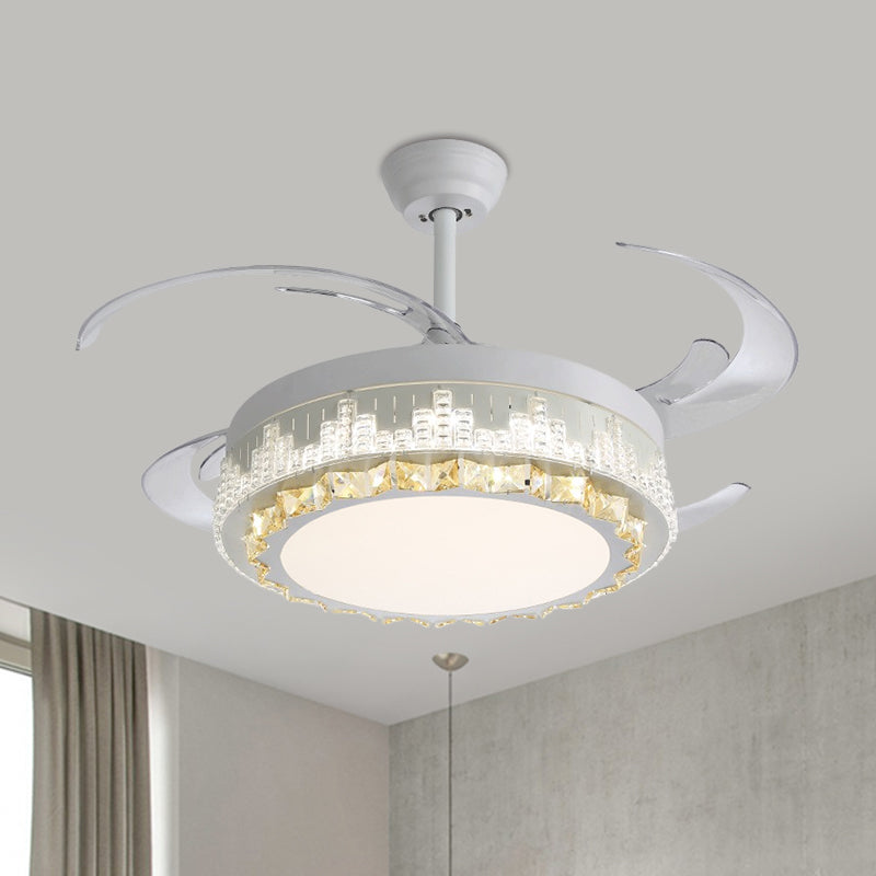 4 Blades LED Pendant Fan Lamp Contemporary Circular Clear Crystal Blocks Semi Flush Mount, 19" Width White C Clearhalo 'Ceiling Fans with Lights' 'Ceiling Fans' 'Modern Ceiling Fans' 'Modern' Lighting' 1426209