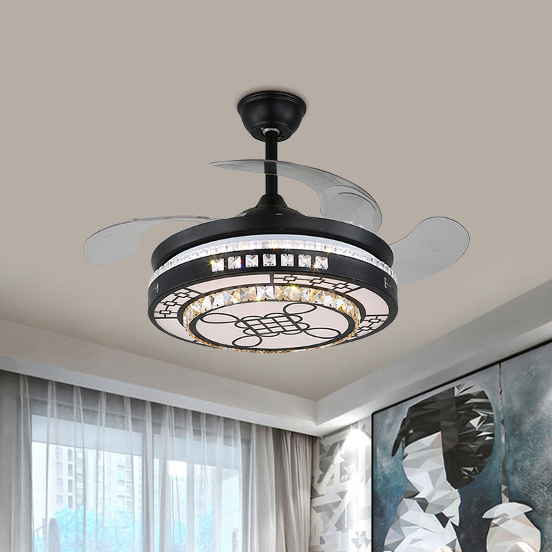 4 Blades LED Round Semi Flush Modern Black Finish Clear Square Crystals Hanging Fan Light, with Chinese Knot/Flower/Half Circular Pattern, 19 Wide Black A Clearhalo 'Ceiling Fans with Lights' 'Ceiling Fans' 'Modern Ceiling Fans' 'Modern' Lighting' 1426260