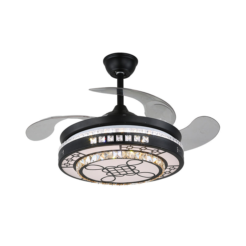 4 Blades LED Round Semi Flush Modern Black Finish Clear Square Crystals Hanging Fan Light, with Chinese Knot/Flower/Half Circular Pattern, 19 Wide Clearhalo 'Ceiling Fans with Lights' 'Ceiling Fans' 'Modern Ceiling Fans' 'Modern' Lighting' 1426261