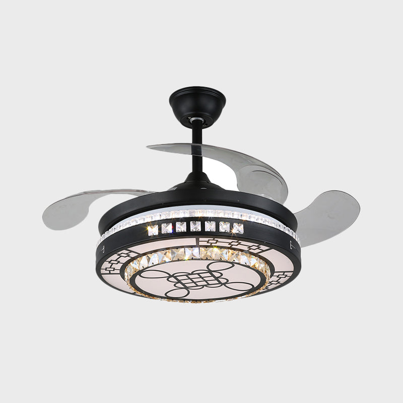 4 Blades LED Round Semi Flush Modern Black Finish Clear Square Crystals Hanging Fan Light, with Chinese Knot/Flower/Half Circular Pattern, 19 Wide Clearhalo 'Ceiling Fans with Lights' 'Ceiling Fans' 'Modern Ceiling Fans' 'Modern' Lighting' 1426262