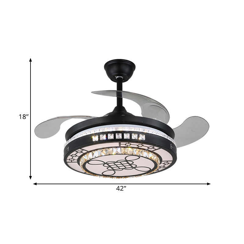 4 Blades LED Round Semi Flush Modern Black Finish Clear Square Crystals Hanging Fan Light, with Chinese Knot/Flower/Half Circular Pattern, 19 Wide Clearhalo 'Ceiling Fans with Lights' 'Ceiling Fans' 'Modern Ceiling Fans' 'Modern' Lighting' 1426263